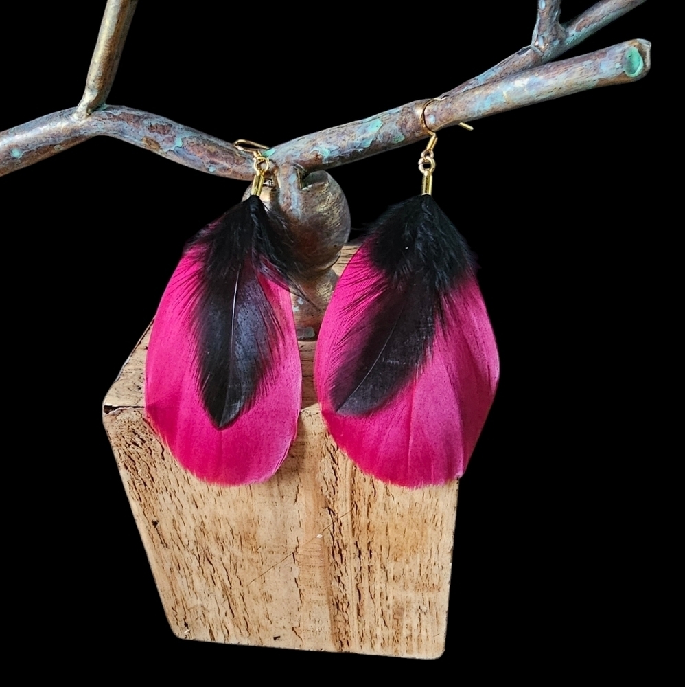 Goose Feather Drop Earrings in Red and Black Plumage 4 inch drop Gold Hardware